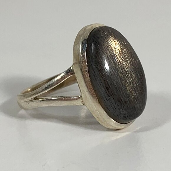 VTG Sterling Silver Ring Oval Black Obsidian Stone SZ 10 Weigh 5.94g Split Band - Picture 1 of 10